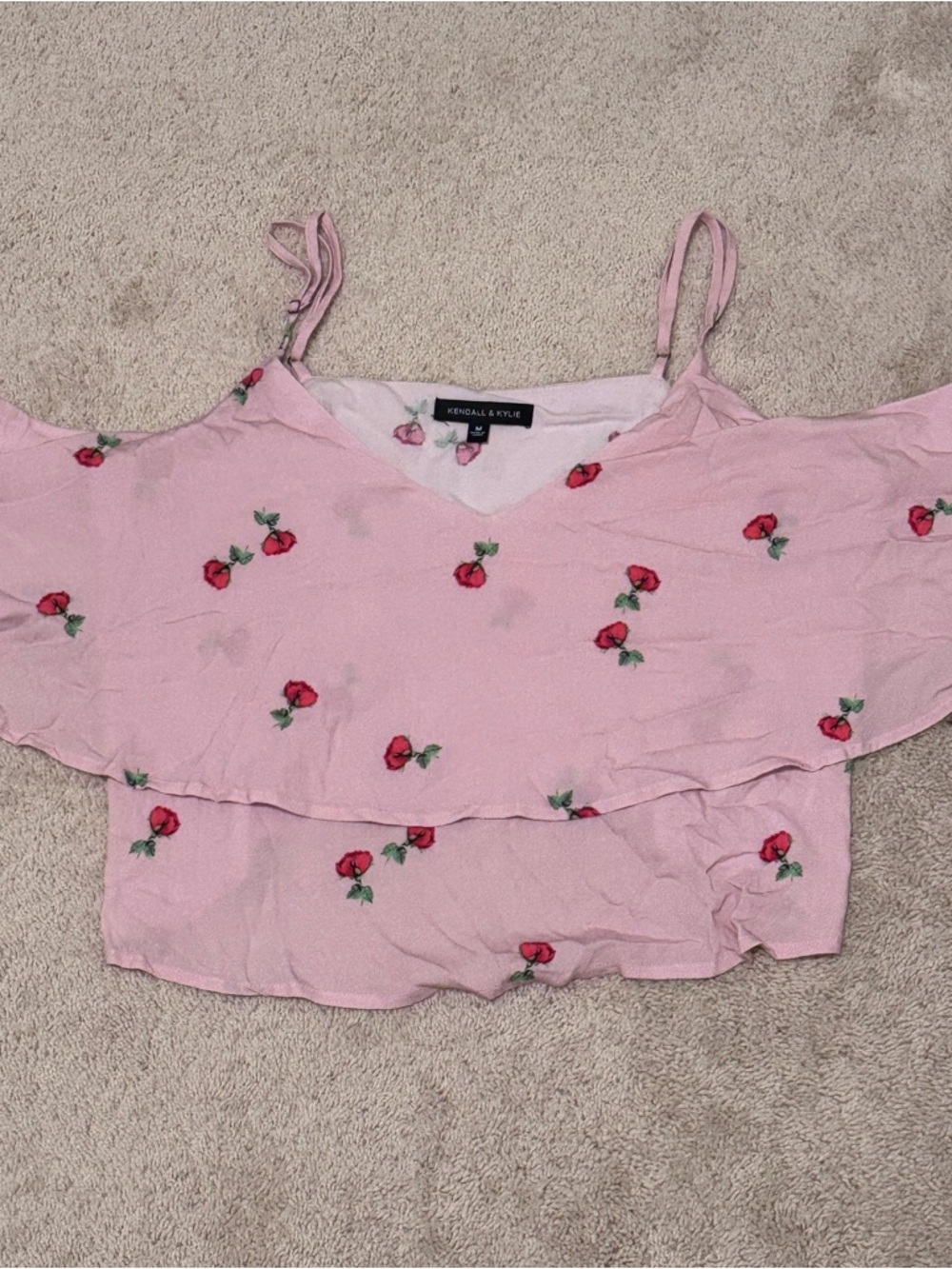 Kendall & Kylie Pink Flower-Print Off-Shoulder Crop Top
